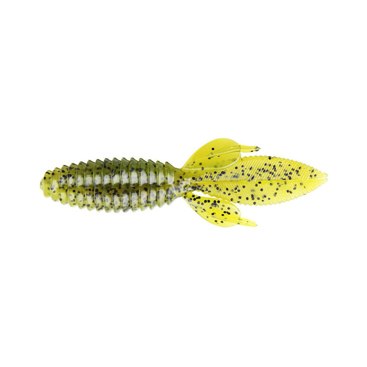 The Reaction Innovations Sweet Beaver 4.20 is a yellow and green flipping bait with a segmented, ribbed body and three leaf-like appendages, speckled with black spots against a white background.