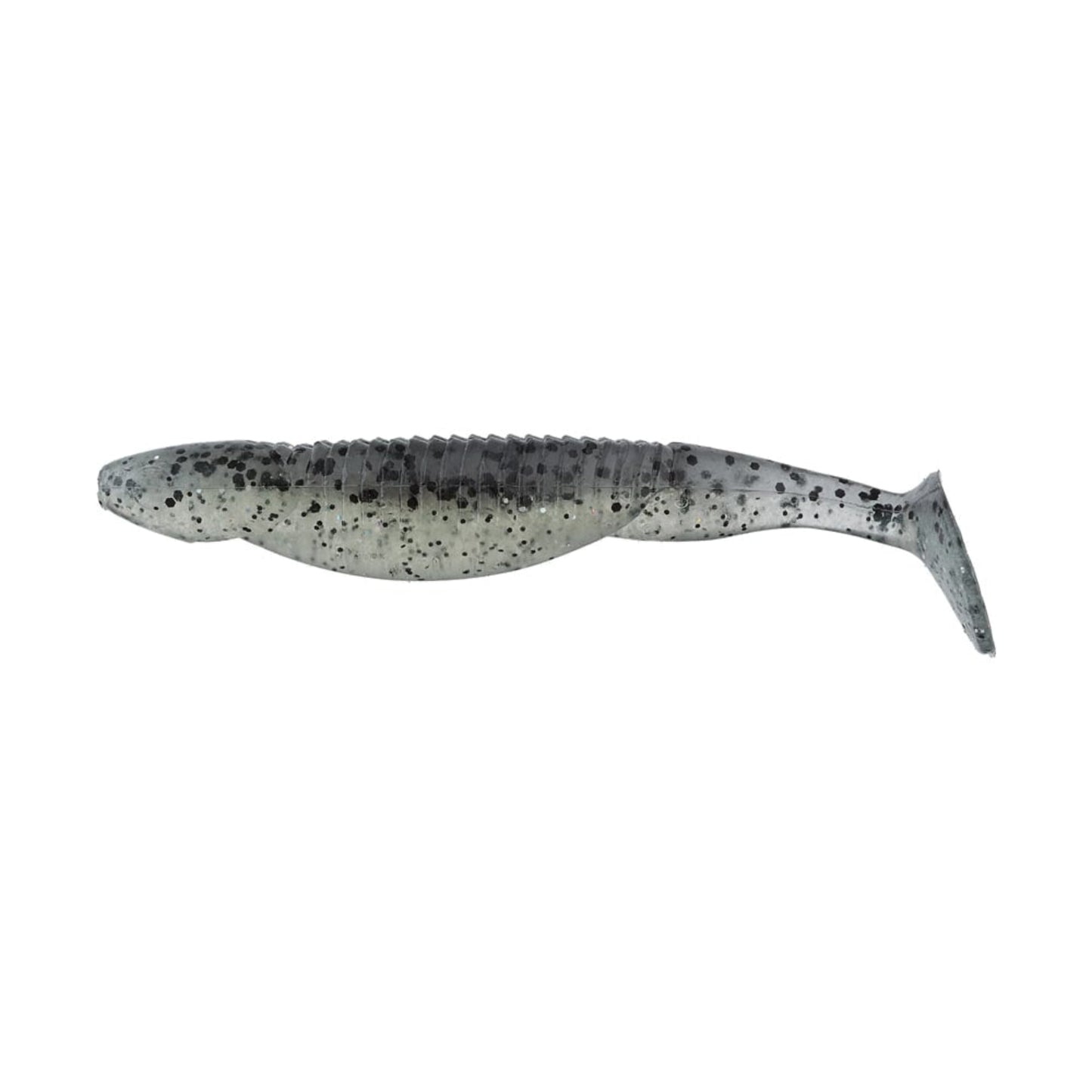 Introducing the Reaction Innovations Little Dipper Swimbaits: a grayish soft plastic swimbait by Reaction Innovations, shaped like a small fish with dark speckles, segmented details, and a paddle tail for enticing action—perfect for attracting your next big catch.