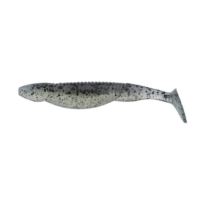 Introducing the Reaction Innovations Little Dipper Swimbaits: a grayish soft plastic swimbait by Reaction Innovations, shaped like a small fish with dark speckles, segmented details, and a paddle tail for enticing action—perfect for attracting your next big catch.
