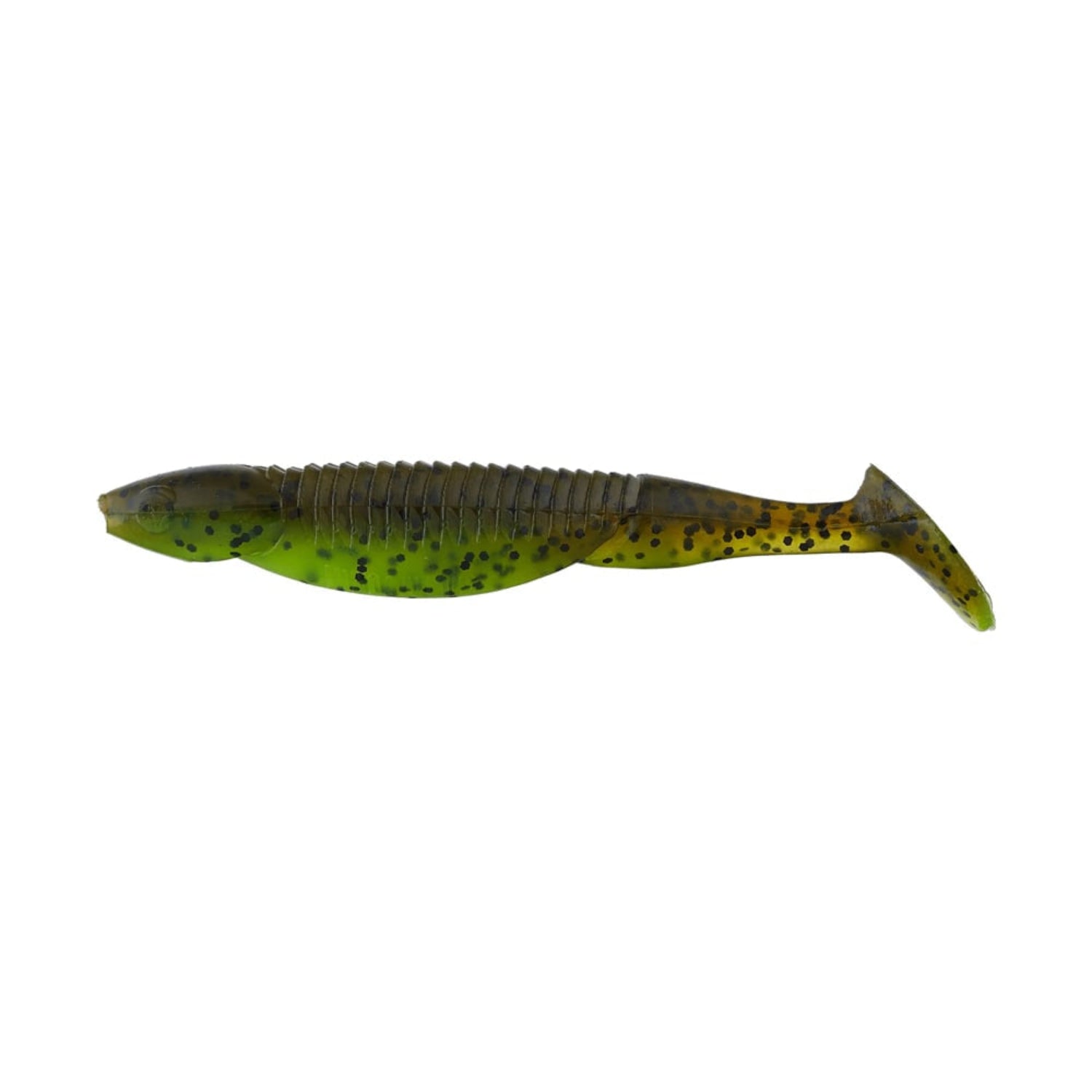 A green and brown Reaction Innovations Little Dipper Swimbait features a segmented body, paddle tail, and black speckles, resembling a Skinny Dipper. This soft plastic lure by Reaction Innovations is elegantly displayed against a white background.