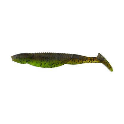 A green and brown Reaction Innovations Little Dipper Swimbait features a segmented body, paddle tail, and black speckles, resembling a Skinny Dipper. This soft plastic lure by Reaction Innovations is elegantly displayed against a white background.