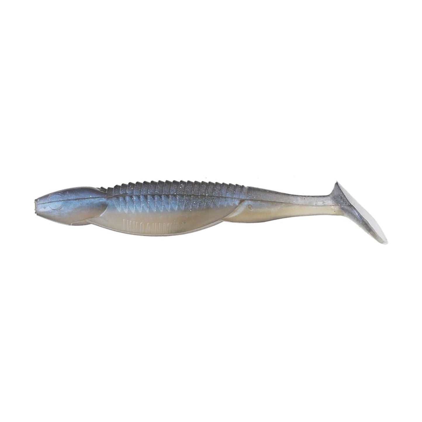 The Reaction Innovations Little Dipper Swimbaits by Reaction Innovations features a ribbed, lifelike design with a blue top fading to a white underside, ideal for anglers looking to mimic small baitfish.