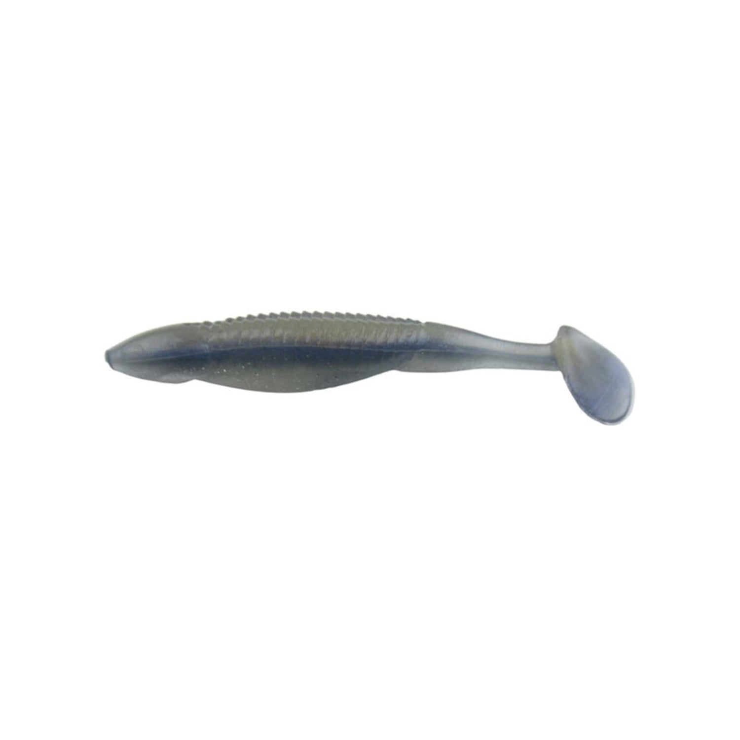 The Reaction Innovations Little Dipper Swimbaits are soft plastic lures with a ribbed body and paddle tail, designed in a small fish shape and an attractive dark blue.