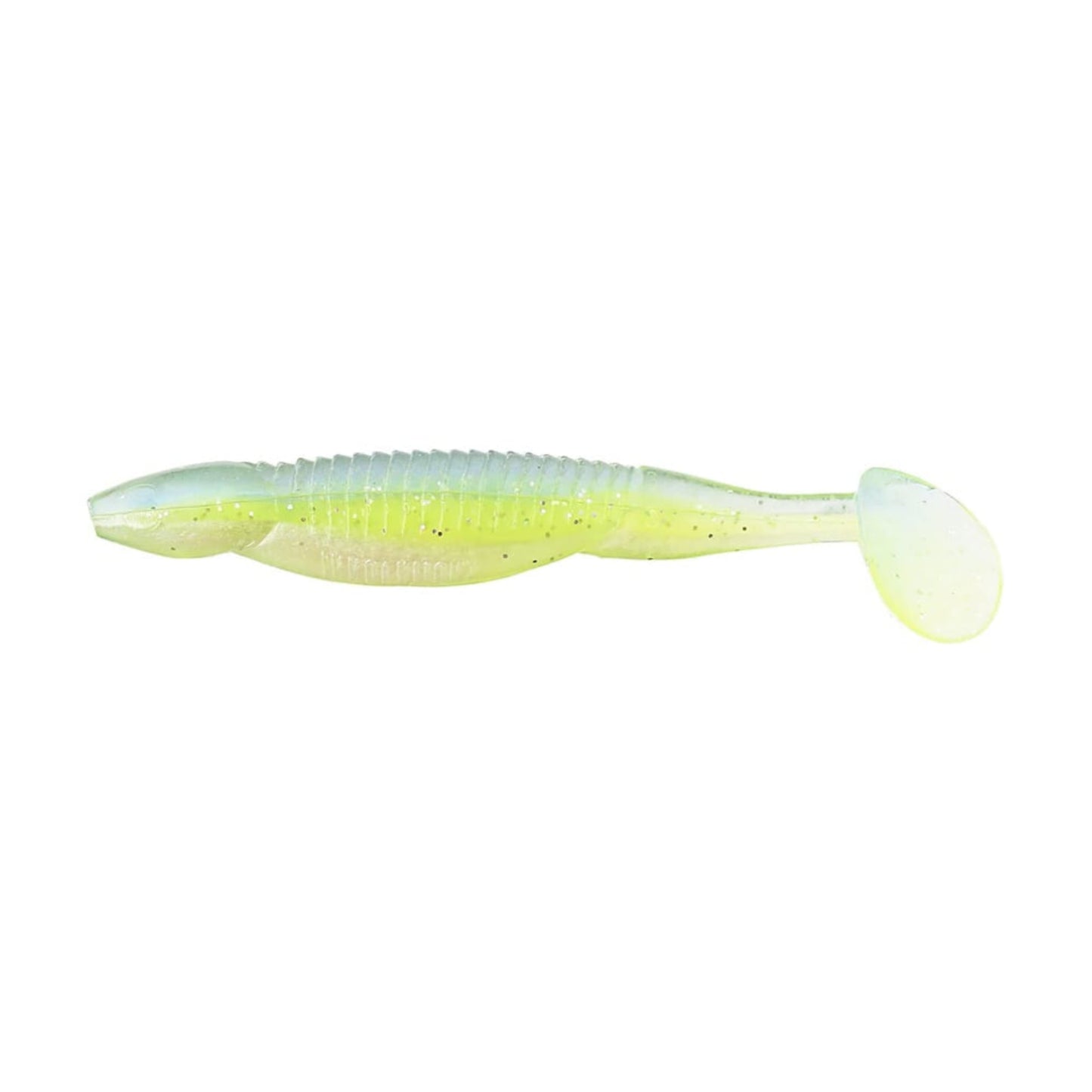 Meet the Reaction Innovations Little Dipper Swimbaits: Soft plastic lures with ribbed sides and paddle tails, featuring a gradient from transparent to light greenish-yellow, designed to enhance allure and entice your next catch.