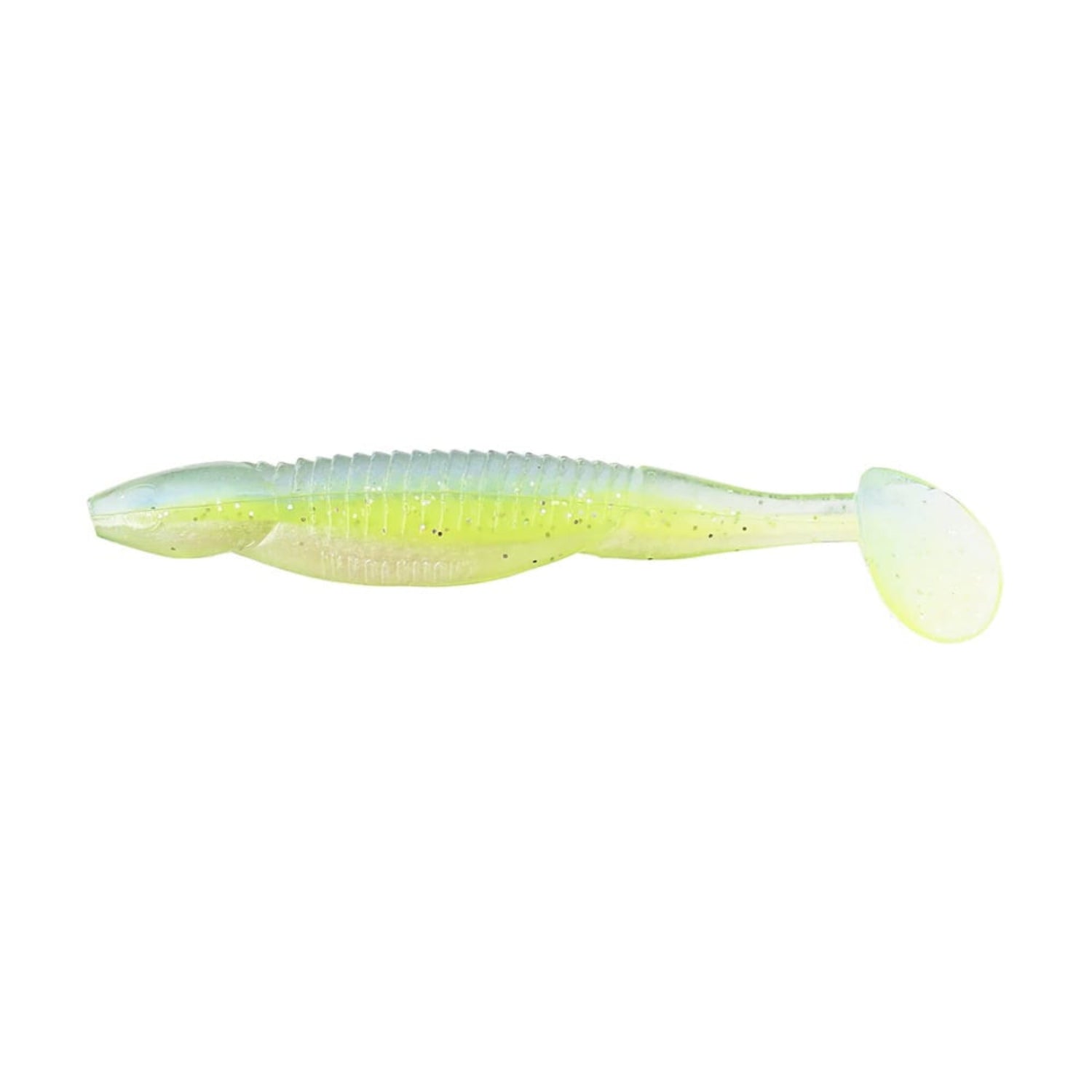 Meet the Reaction Innovations Little Dipper Swimbaits: Soft plastic lures with ribbed sides and paddle tails, featuring a gradient from transparent to light greenish-yellow, designed to enhance allure and entice your next catch.