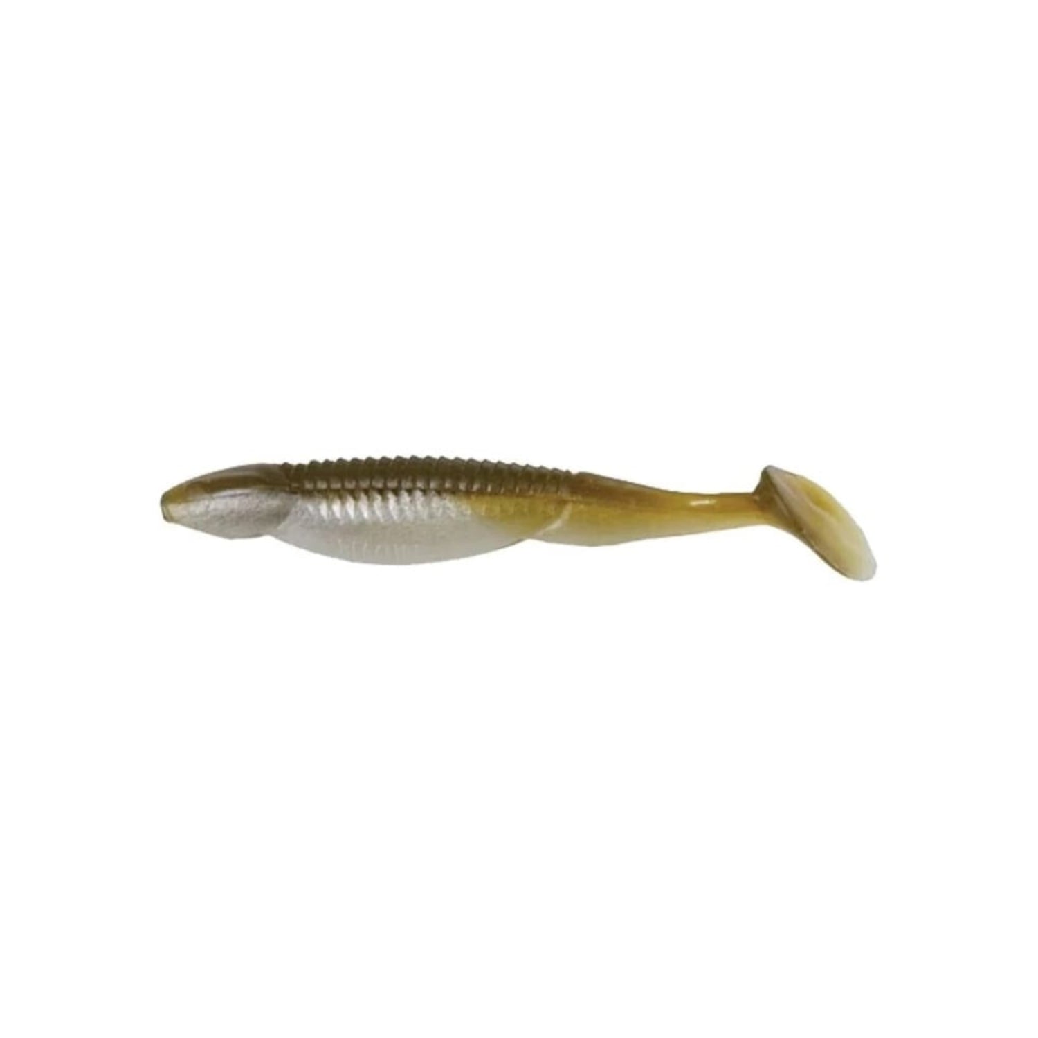 The Reaction Innovations Little Dipper Swimbaits by Reaction Innovations are soft plastic lures shaped like small fish, featuring a ribbed body and paddle tail in brown and white hues to mimic real fish for successful fishing adventures.