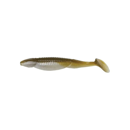 The Reaction Innovations Little Dipper Swimbaits by Reaction Innovations are soft plastic lures shaped like small fish, featuring a ribbed body and paddle tail in brown and white hues to mimic real fish for successful fishing adventures.