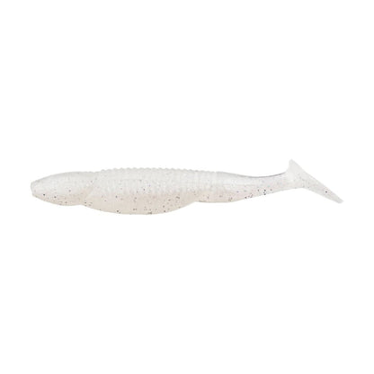 The Reaction Innovations Little Dipper Swimbaits by Reaction Innovations is a soft, white swimbait made of plastic. It resembles a small fish with a paddle tail and textured body, featuring subtle speckles to mimic baitfish movement.