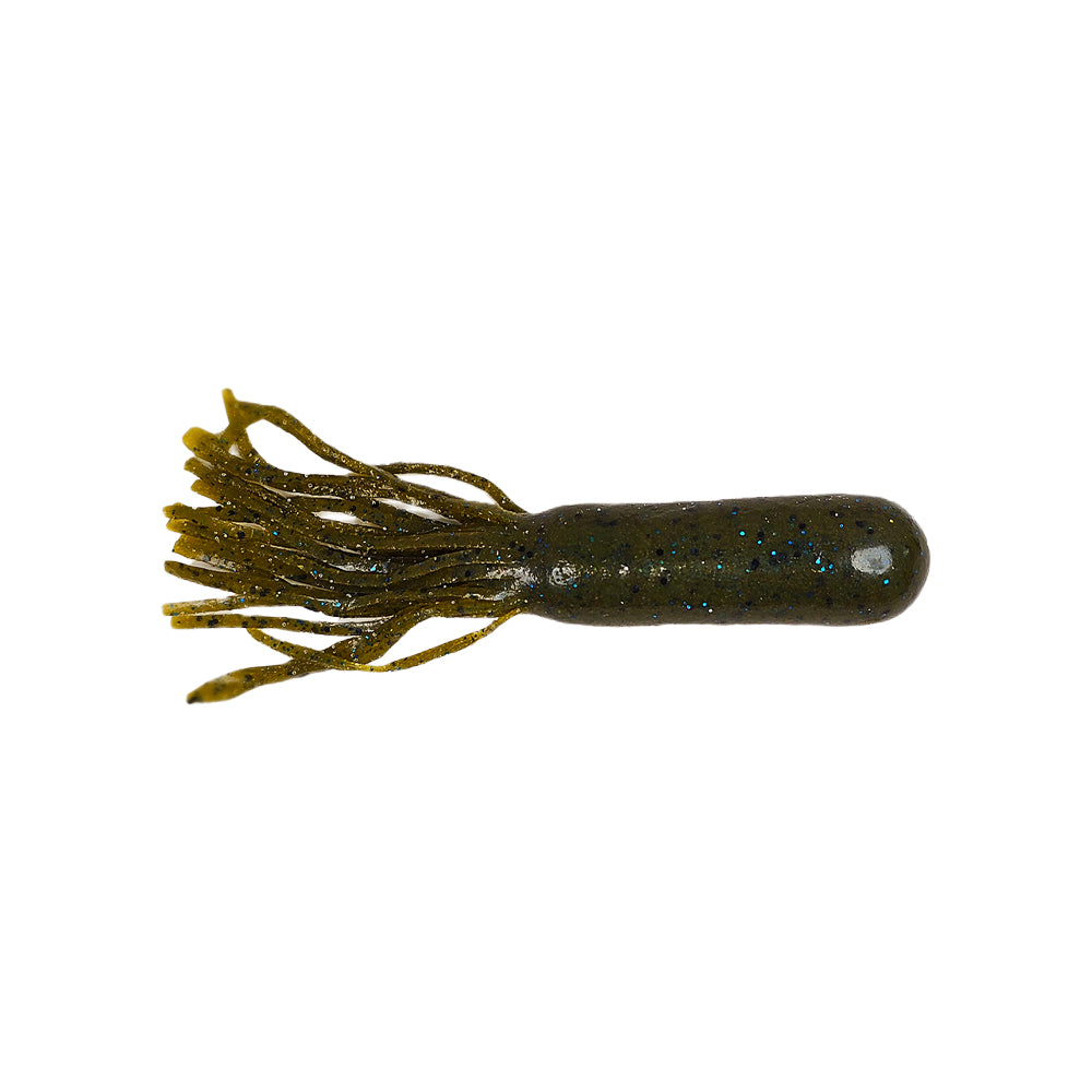 The Secret Lures Big Dummy Stupid Tube 4.5" by Secret Lures is a soft plastic tube-style fishing lure with a solid body and multiple thin, fringed tails in olive green with black and blue speckles, shown on a white background.