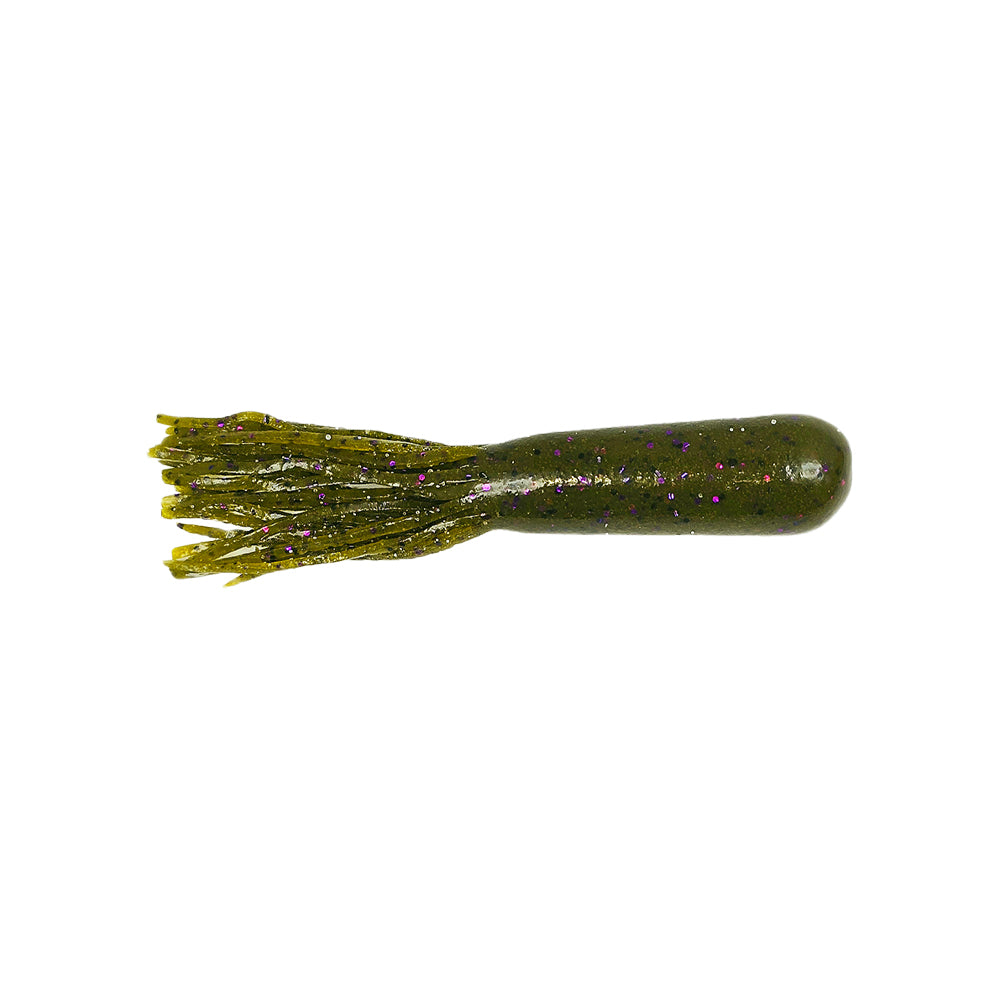 The Secret Lures Big Dummy Stupid Tube 4.5" by Secret Lures is a soft plastic fishing lure in olive green with purple and black specks, featuring a solid body and skirted end, shown on a white background.