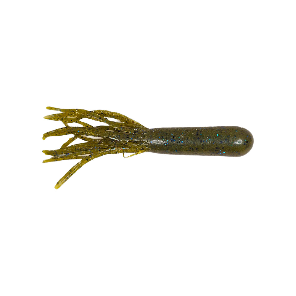 The Secret Lures Flippin' Stupid Tube 4.2" by Secret Lures is a soft plastic fishing lure with multiple thin, tapered tentacles on one end, olive green with blue specks, shown on a white background.