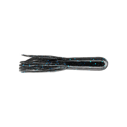 The Secret Lures Stupid Tube 3" 8pk is a finesse flipping tube for bass, featuring a solid body and multiple fringed tails in black with blue glitter accents, displayed on a white background.