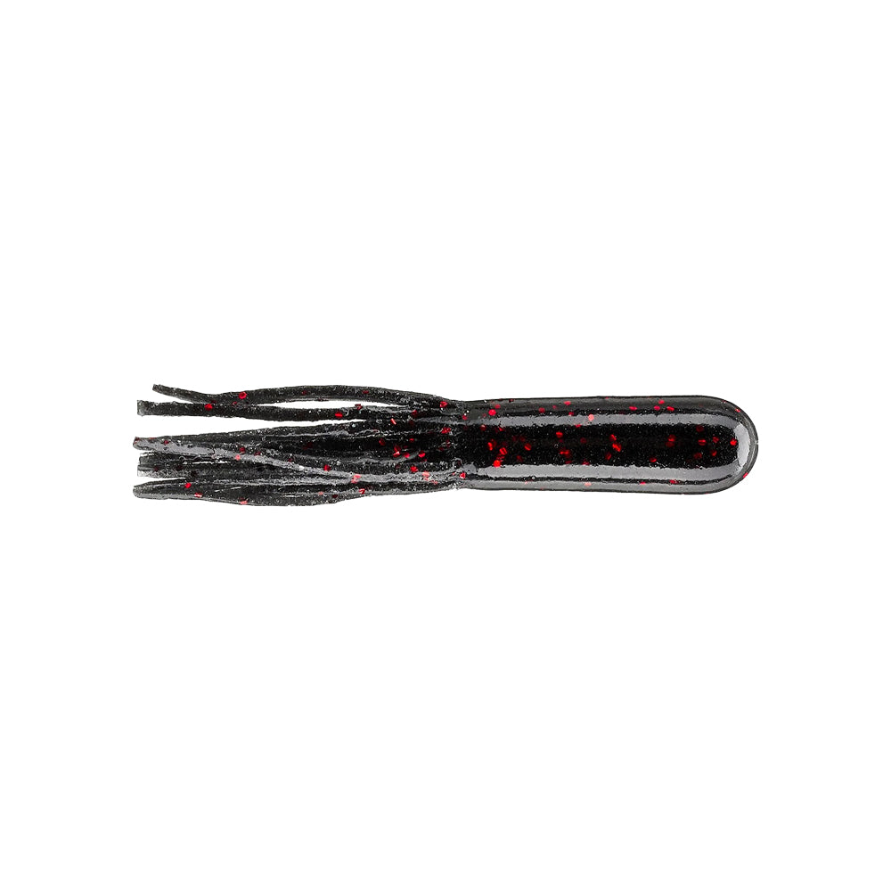 The Secret Lures Stupid Tube 3" 8pk by Secret Lures is a black finesse flipping tube soft plastic lure with red glitter and fringed appendages, perfect for bass fishing.