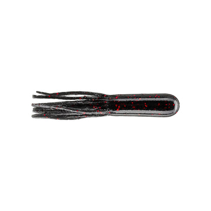 The Secret Lures Stupid Tube 3" 8pk by Secret Lures is a black finesse flipping tube soft plastic lure with red glitter and fringed appendages, perfect for bass fishing.