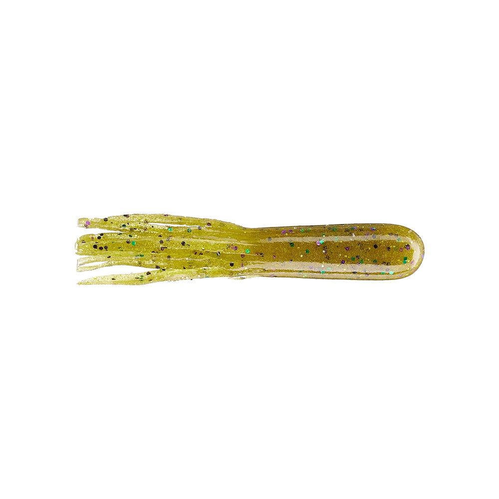 The Secret Lures Stupid Tube 3" (8pk) by Secret Lures is a yellow-green finesse flipping tube bait with black and blue specks, featuring a rounded body and shredded tail, perfect for bass fishing and shown on a white background.