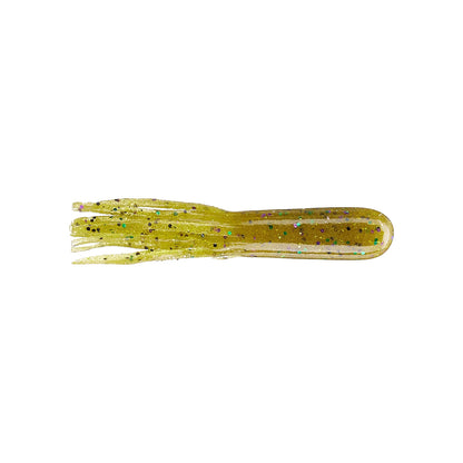 The Secret Lures Stupid Tube 3" (8pk) by Secret Lures is a yellow-green finesse flipping tube bait with black and blue specks, featuring a rounded body and shredded tail, perfect for bass fishing and shown on a white background.