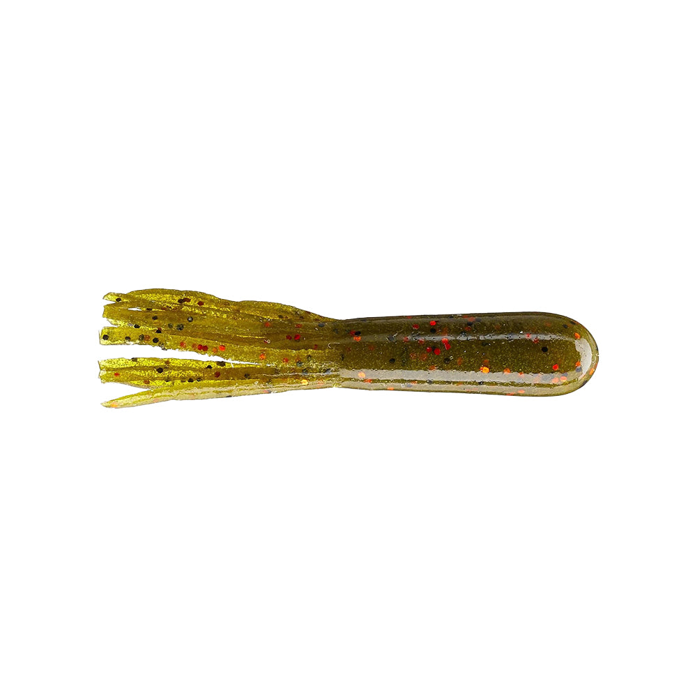 The Secret Lures Stupid Tube 3" 8pk by Secret Lures is a soft plastic tube-shaped bass lure with a rounded olive green body, red and black speckles, and short fringed tentacles. Shown on a white background.