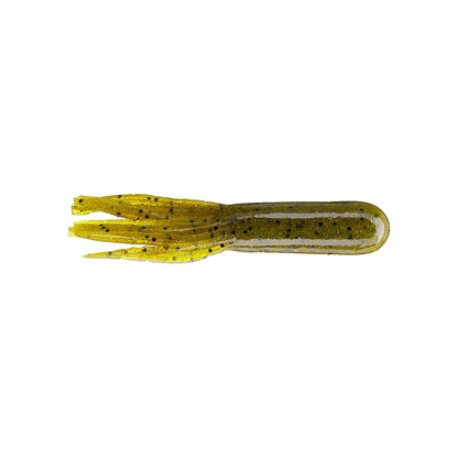 The Secret Lures Stupid Tube 3" 8pk by Secret Lures is a greenish-yellow soft plastic bass fishing tube with black speckles and tentacle-like strands at one end, shown isolated on a white background.