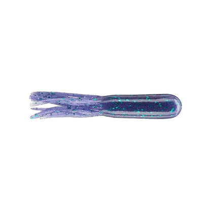 The Secret Lures Stupid Tube 3" 8pk by Secret Lures is a soft plastic, squid-shaped finesse flipping tube in purple with blue and green glitter, featuring a fringed tail—perfect for bass fishing using the Stupid Tube technique.