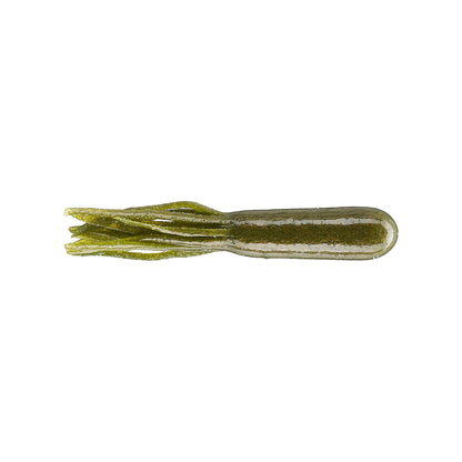 The Secret Lures Stupid Tube 3" 8pk by Secret Lures is a soft plastic green and white lure with fringed ends and a cylindrical body, perfect for finesse flipping tube techniques in bass fishing.
