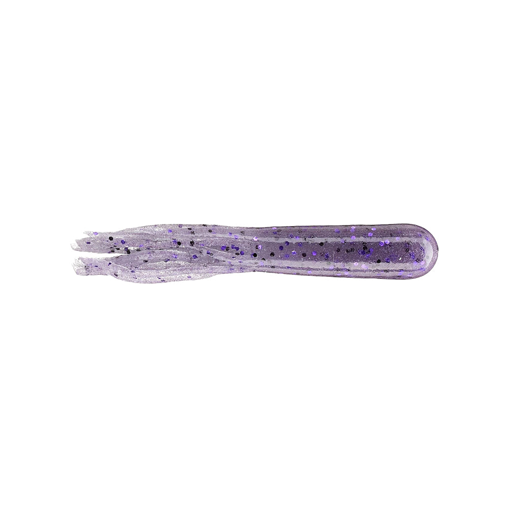 The Secret Lures Stupid Tube 3" 8pk is a soft plastic baitfish-shaped lure in translucent purple with black and purple glitter, featuring a forked tail—ideal for bass fishing and finesse flipping tube techniques.