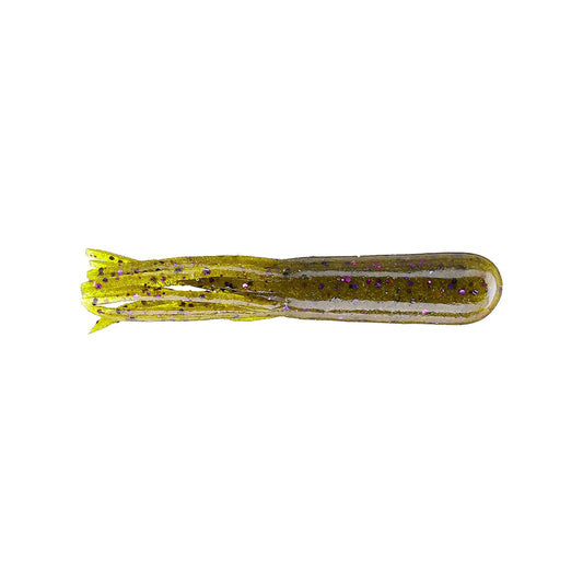 The Secret Lures Stupid Tube 3" 8pk by Secret Lures is a soft plastic finesse flipping tube with a cylindrical olive green body, yellowish tentacles, and purple/black glitter—ideal for bass fishing.
