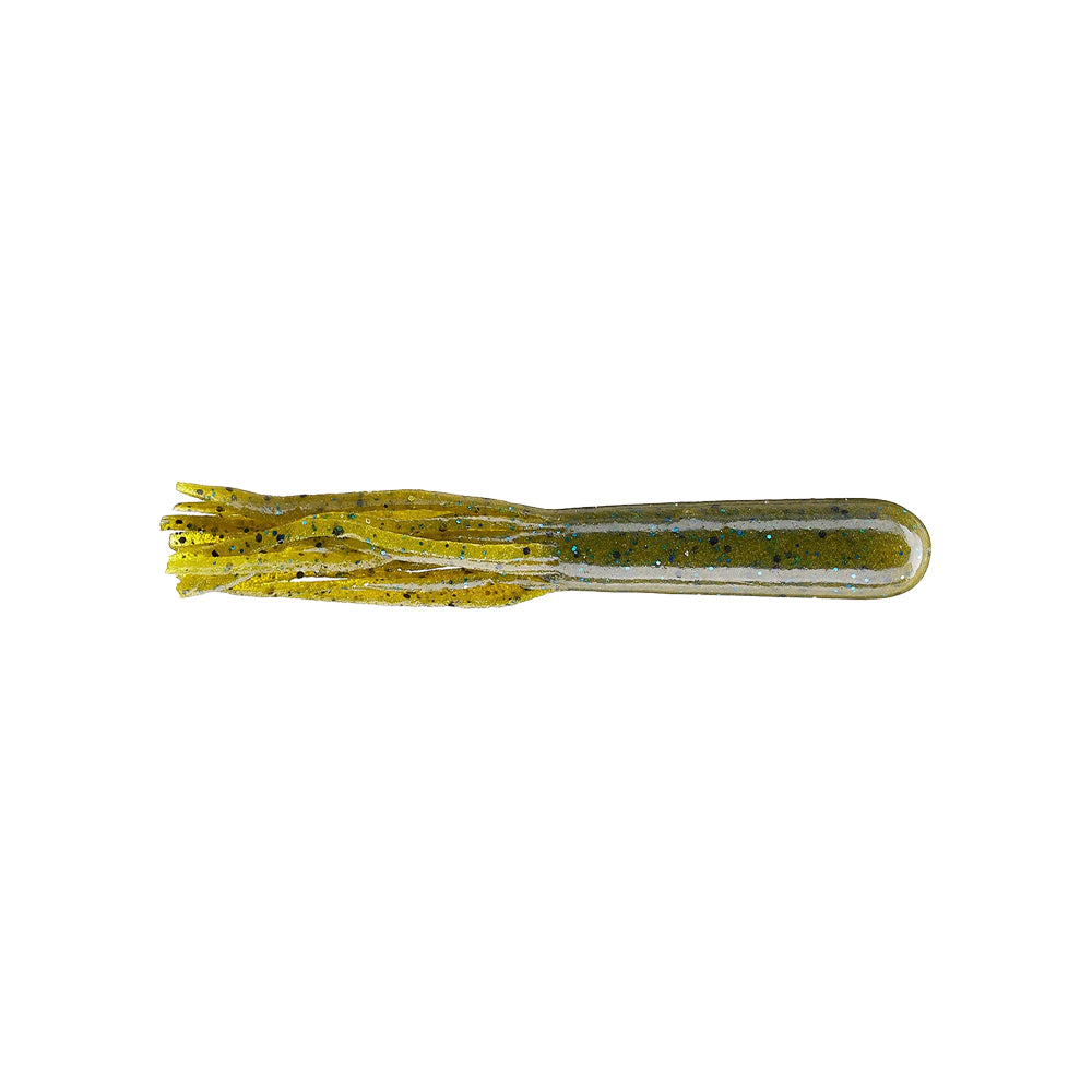 The Secret Lures Stupid Tube 3.75" 8pk is a soft plastic, tube-shaped fishing lure in olive green with black and blue speckles and a fringed end—ideal for Bassmaster Classic-proven techniques.