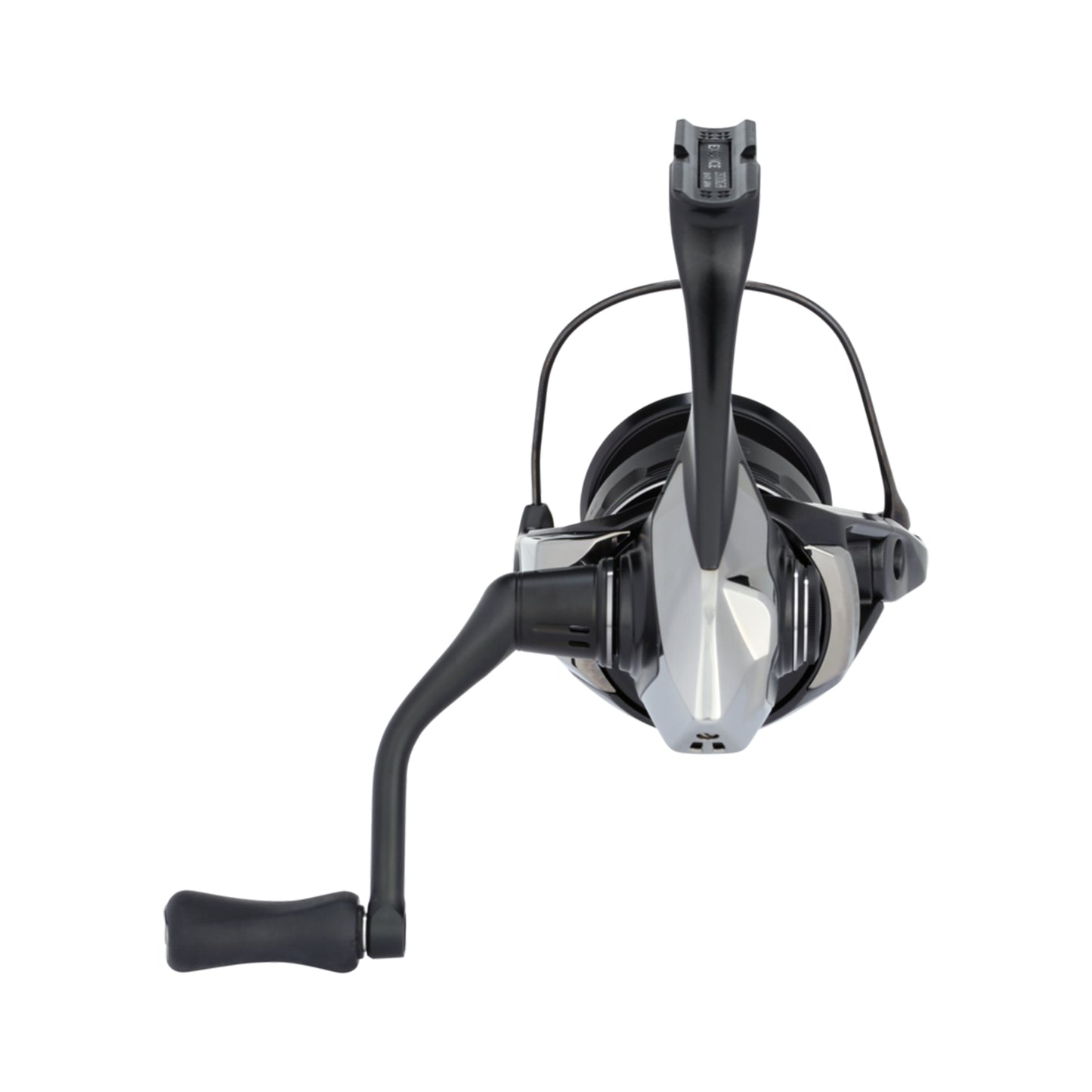 A front view of the Shimano Exsence B Spinning Reel 2500XGB (25EXS25XGB) by Shimano, featuring a metallic finish, left-side black handle, and central spool. Ideal for finesse fishing, shown isolated on a white background.