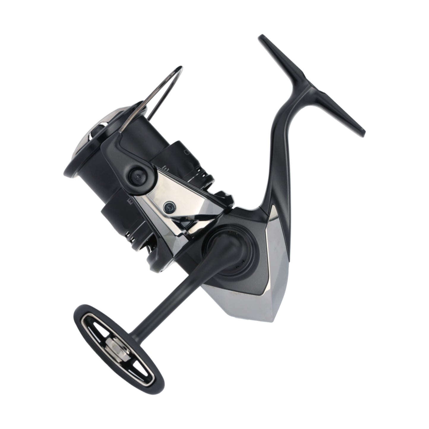 The Shimano Exsence B Spinning Reel C3000MHGB 5.8:1 by Shimano is shown from the side in sleek black and silver, featuring a large handle and advanced InfinityLoop technology for ultra-smooth casting against a white background.