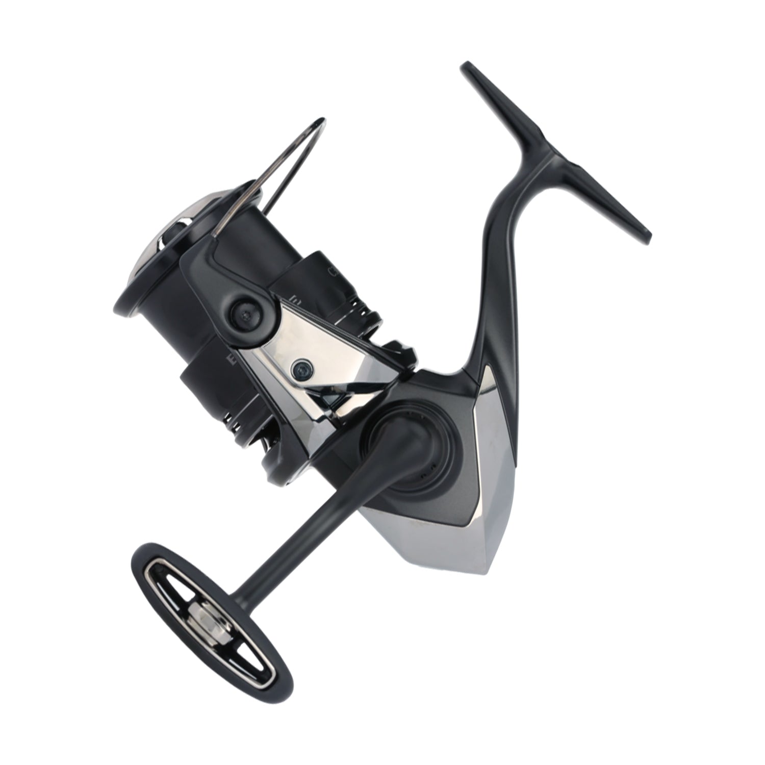 The Shimano Exsence B Spinning Reel C3000MHGB 5.8:1 by Shimano is shown from the side in sleek black and silver, featuring a large handle and advanced InfinityLoop technology for ultra-smooth casting against a white background.