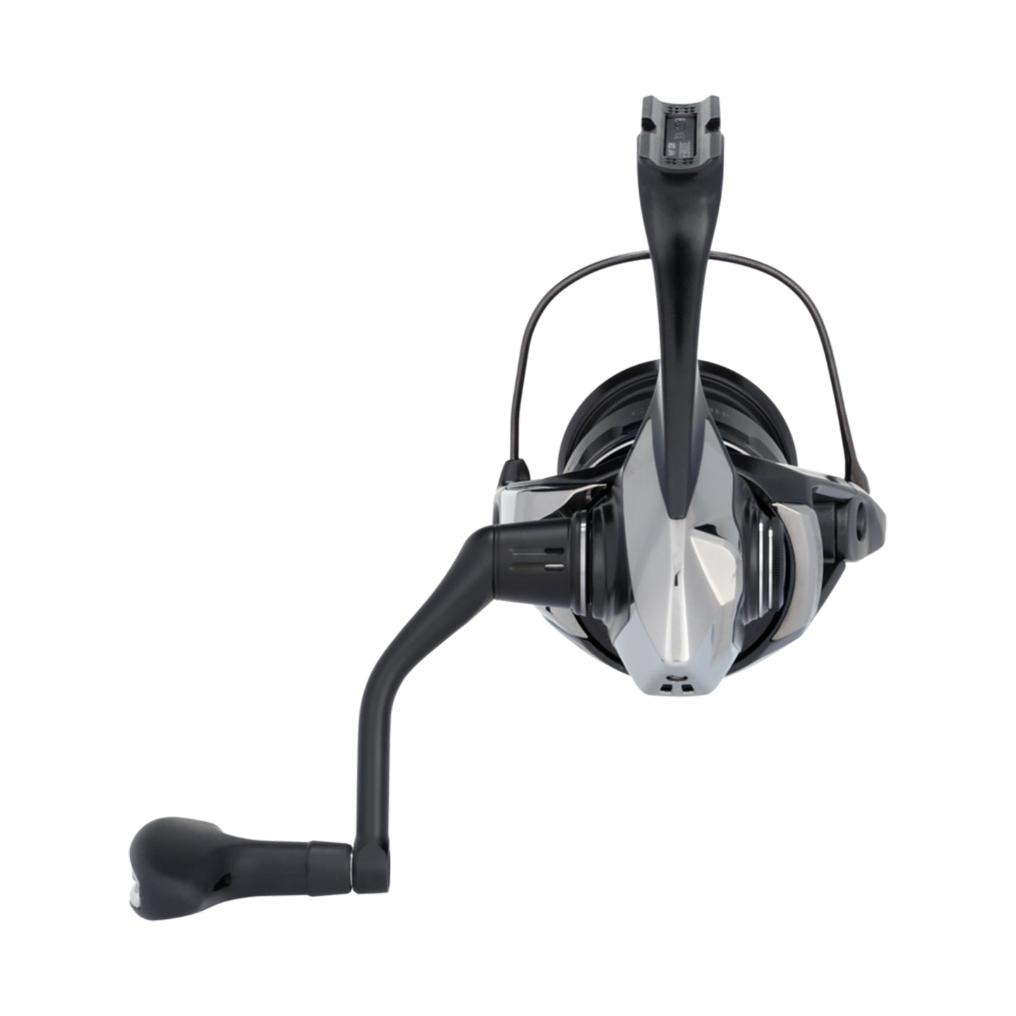 A close-up, front view of the Shimano Exsence B Spinning Reel C3000MHGB 5.8:1 by Shimano, shown in silver and black with InfinityLoop technology, left-side crank handle, and visible spool and bail arm against a white background.