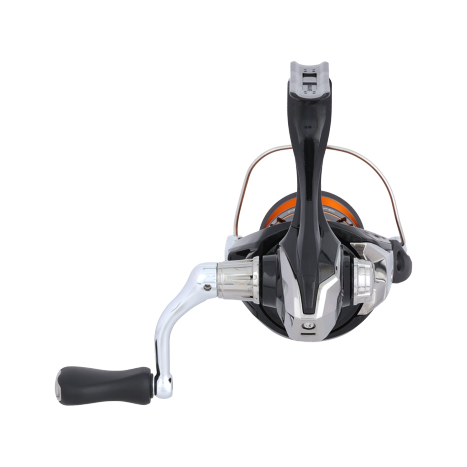 Front view of the Shimano Nexave FJ Spinning Reel 1000FJ (5.0:1) by Shimano, featuring a black and silver body with an orange accent ring, side handle, and raised bail arm showcasing its Propulsion Line Management System.