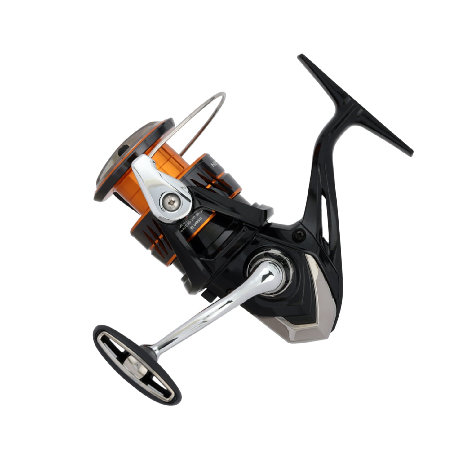 The Shimano Nexave FJ Spinning Reel C3000HGFJ 6.2:1 by Shimano features an orange spool, black body, silver handle, and Propulsion Line Management System, shown on a white background.