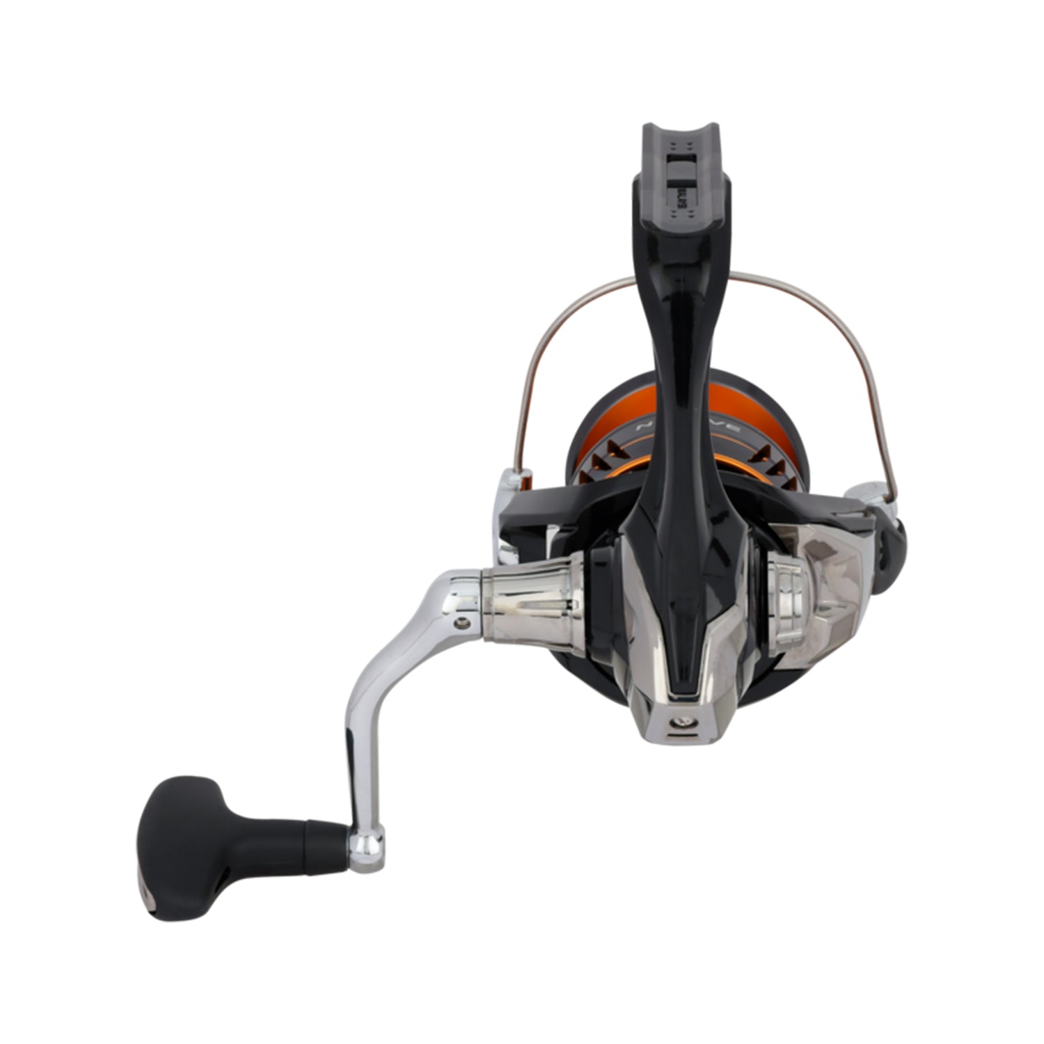 A front view of the Shimano Nexave FJ Spinning Reel C3000HGFJ 6.2:1 by Shimano, showing its metallic body, left-side black handle, and orange spool with Propulsion Line Management System, isolated on a white background.