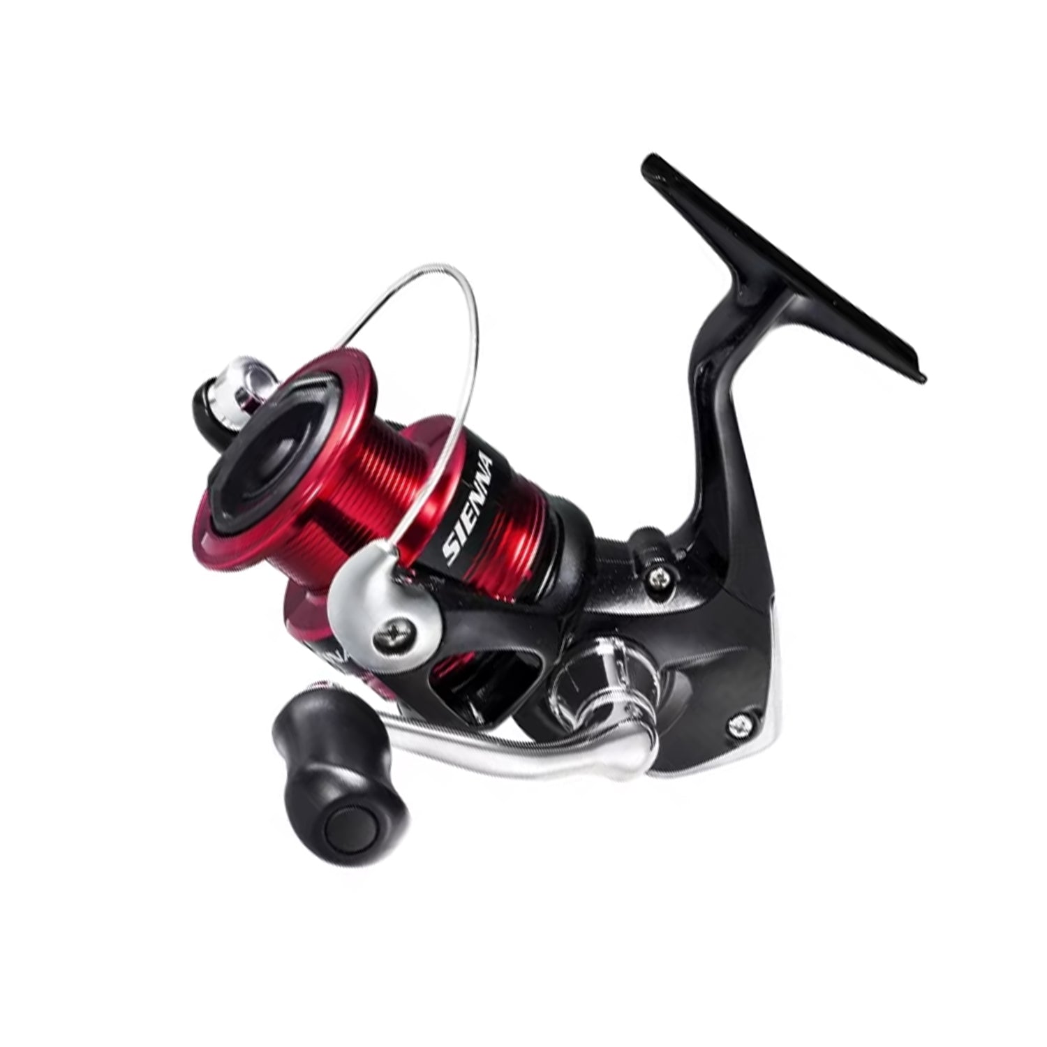The Shimano Sienna FG Spinning Reel 2500HG 6.2:1 (SN2500HGFG), in red and black with a metallic finish, is displayed on a white background showing its handle, spool, bail arm, and Propulsion Line Management System.