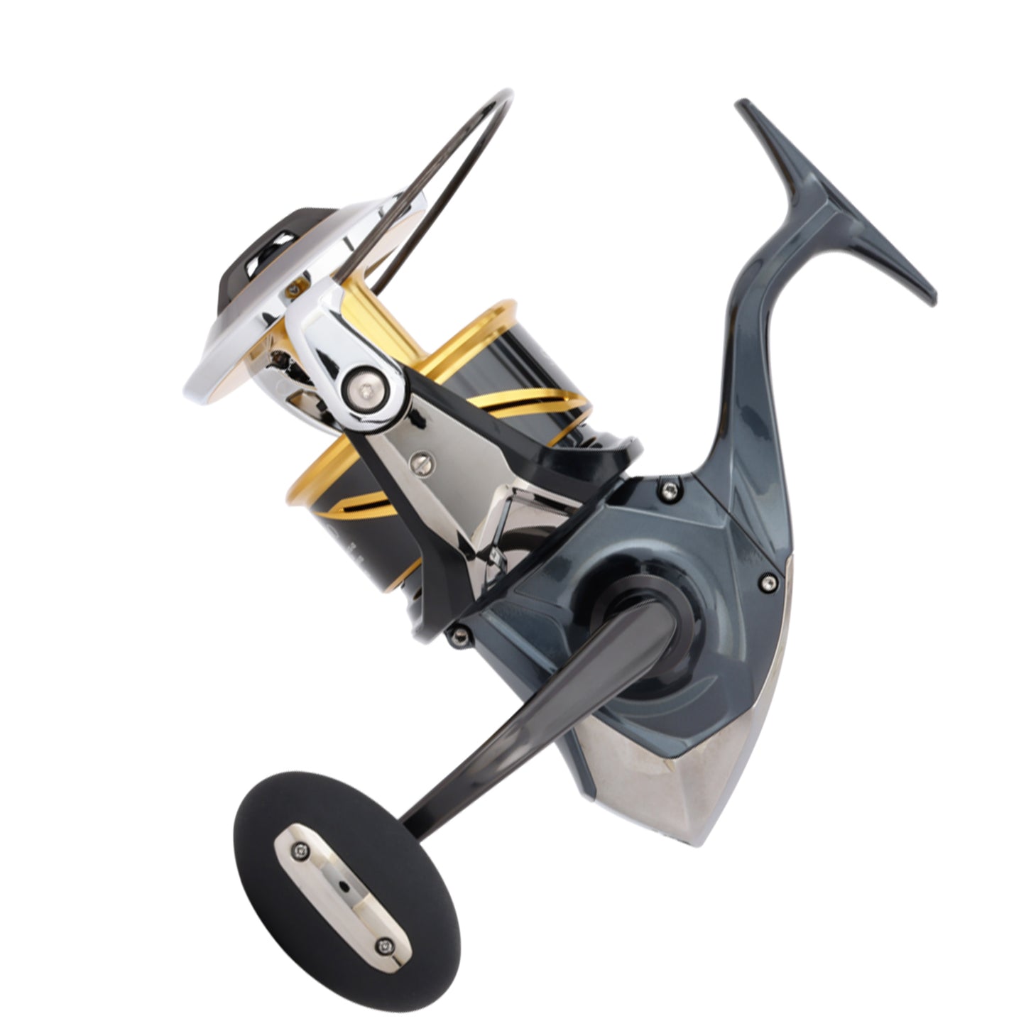 A close-up of the Shimano Stella SW D Spinning Reel 25000PGD 4.4:1 (STLSW25000PGD) by Shimano, showcasing a metallic finish, gold accents, black handle, and XX Tough Drag, isolated on a white background.