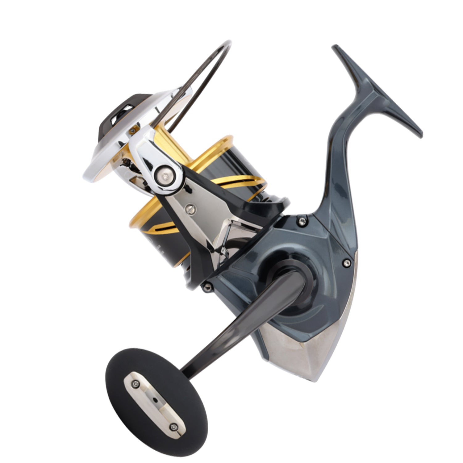 A close-up of the Shimano Stella SW D Spinning Reel 25000PGD 4.4:1 (STLSW25000PGD) by Shimano, showcasing a metallic finish, gold accents, black handle, and XX Tough Drag, isolated on a white background.