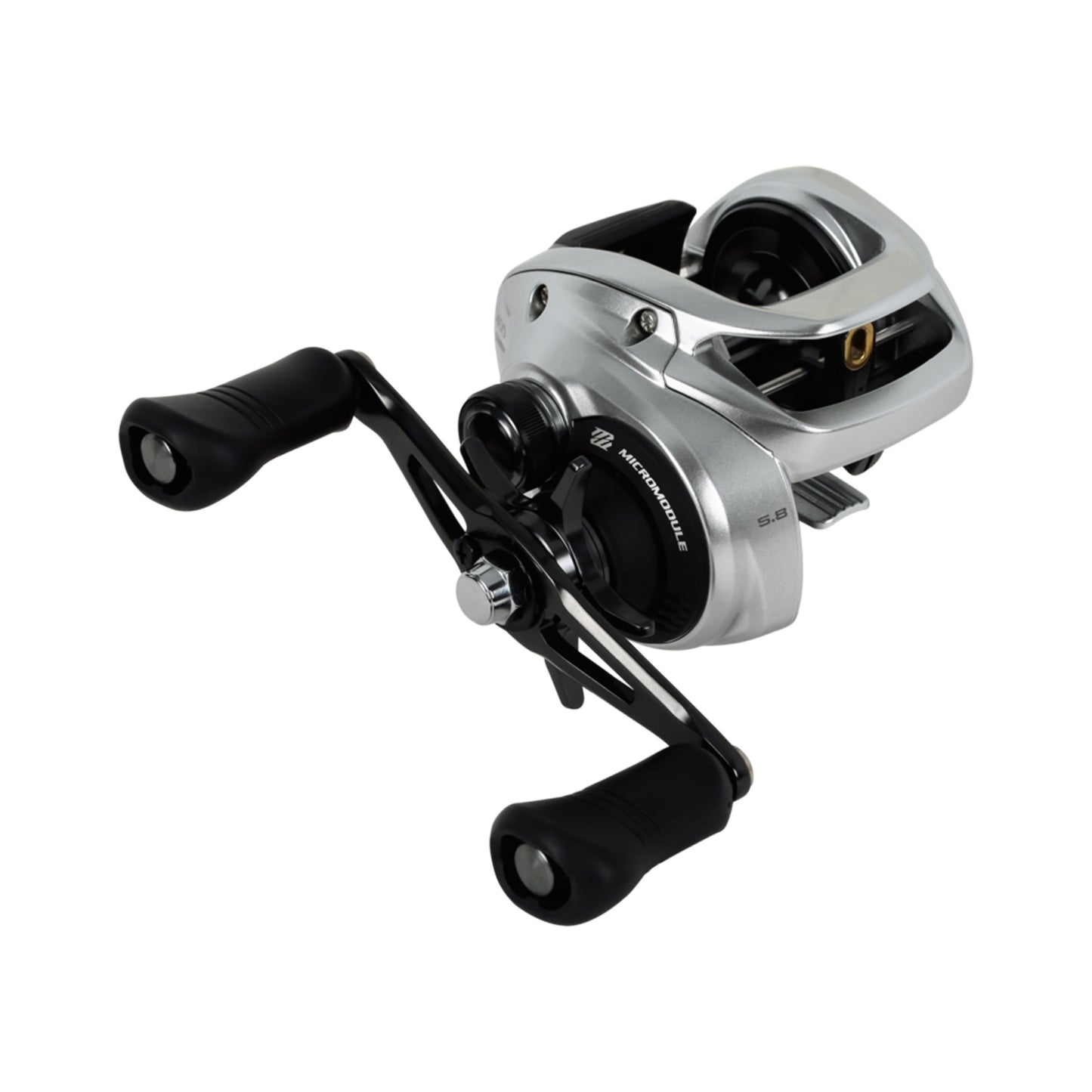 The Shimano Tranx 400 B Casting Reel 5.8:1 RH (TRX400B) by Shimano is a low-profile, silver and black reel with dual handle knobs, a compact body, and visible spool, all shown on a white background.