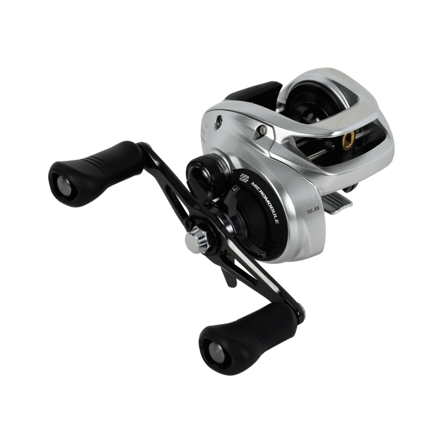 The Shimano Tranx 400 B Casting Reel 5.8:1 RH (TRX400B) by Shimano is a low-profile, silver and black reel with dual handle knobs, a compact body, and visible spool, all shown on a white background.