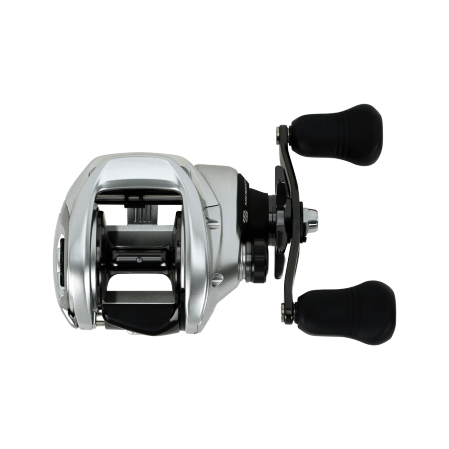 A Shimano Tranx 400 B Casting Reel 5.8:1 RH (TRX400B) in silver and black with two black handles, shown from above on a white background.