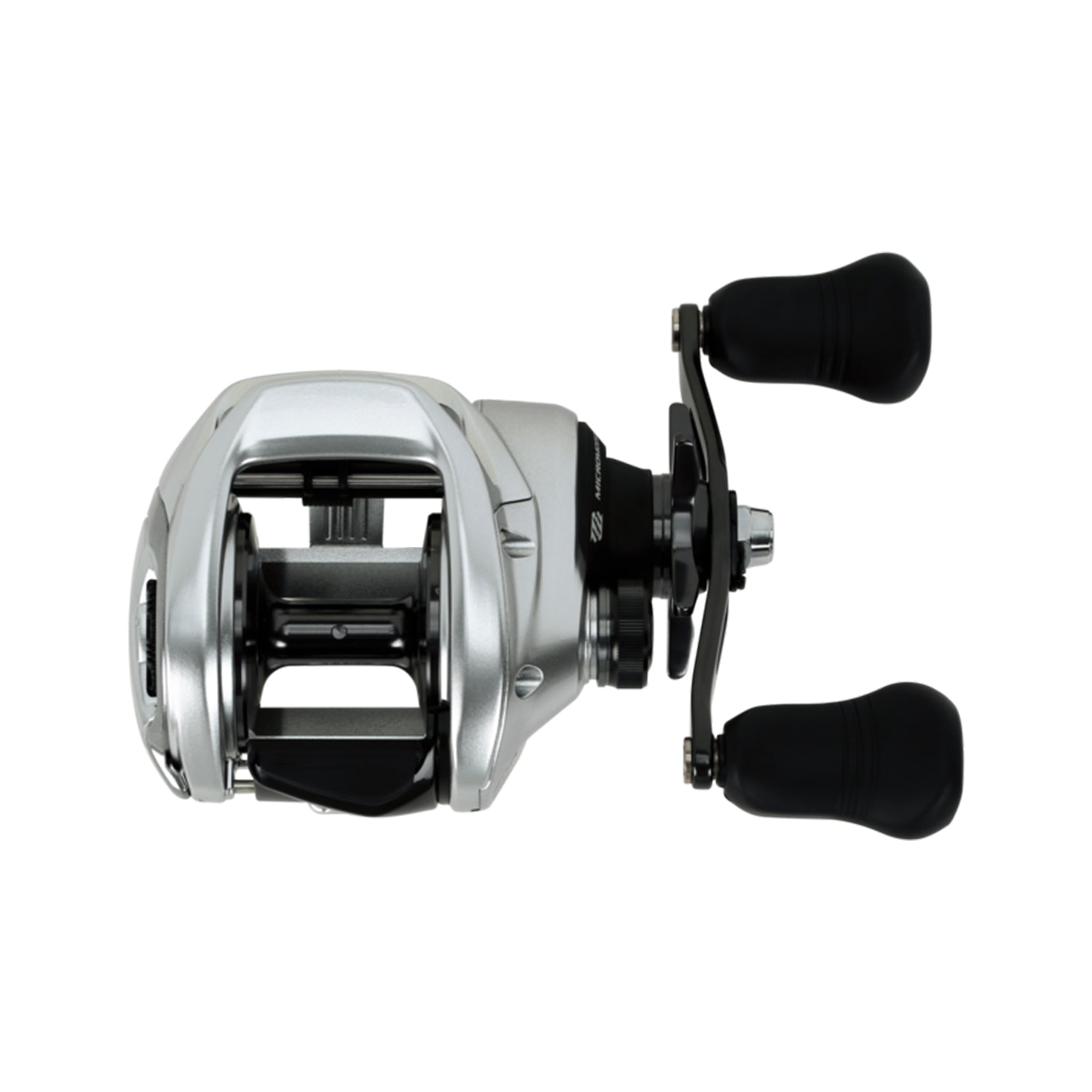 A Shimano Tranx 400 B Casting Reel 5.8:1 RH (TRX400B) in silver and black with two black handles, shown from above on a white background.