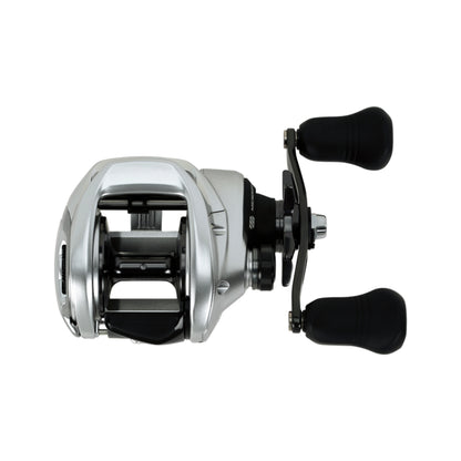 A Shimano Tranx 400 B Casting Reel 5.8:1 RH (TRX400B) in silver and black with two black handles, shown from above on a white background.