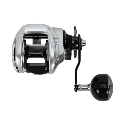 The Shimano Tranx 400 B Casting Reel 7.6:1 RH Power Handle by Shimano is shown from the side in silver and black on a white background.