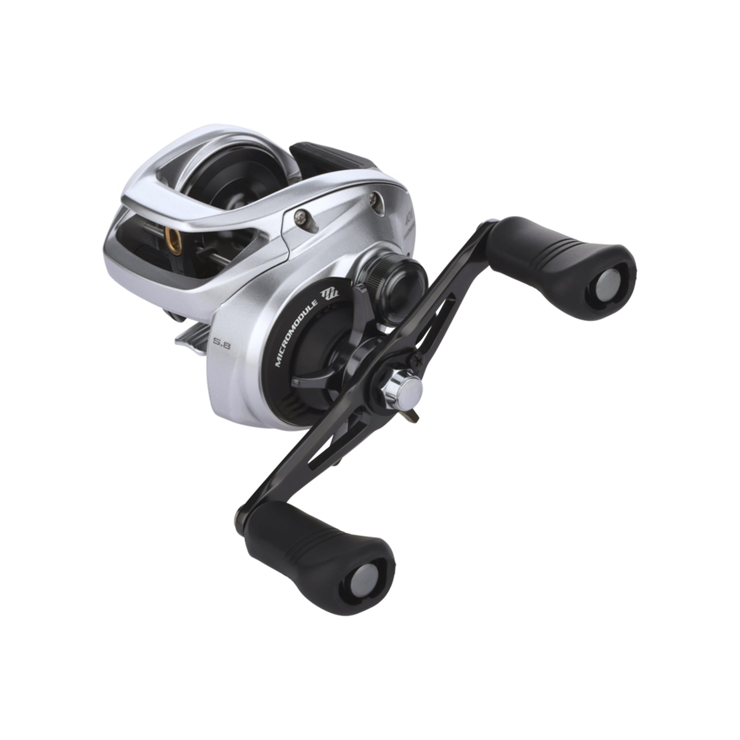 The Shimano Tranx 400 B Casting Reel 5.8:1 LH (TRX401B) in silver and black, featuring two black handle grips, a visible spool, and adjustment knobs, is displayed against a plain white background.