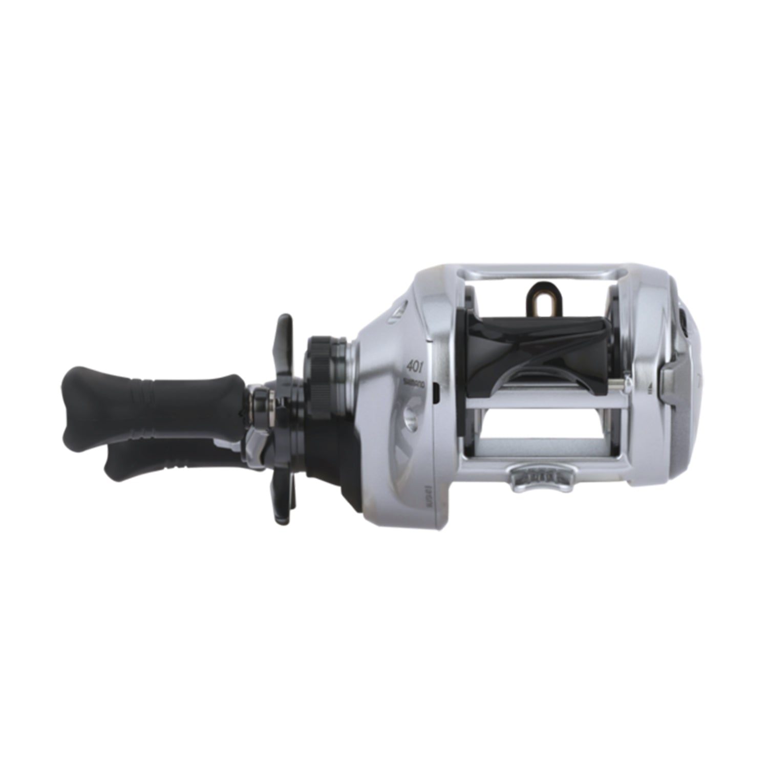 A Shimano Tranx 400 B Casting Reel 5.8:1 LH (TRX401B) in silver and black with a rotating spool, handle, and lever, shown from the side against a plain white background. Brand: Shimano.