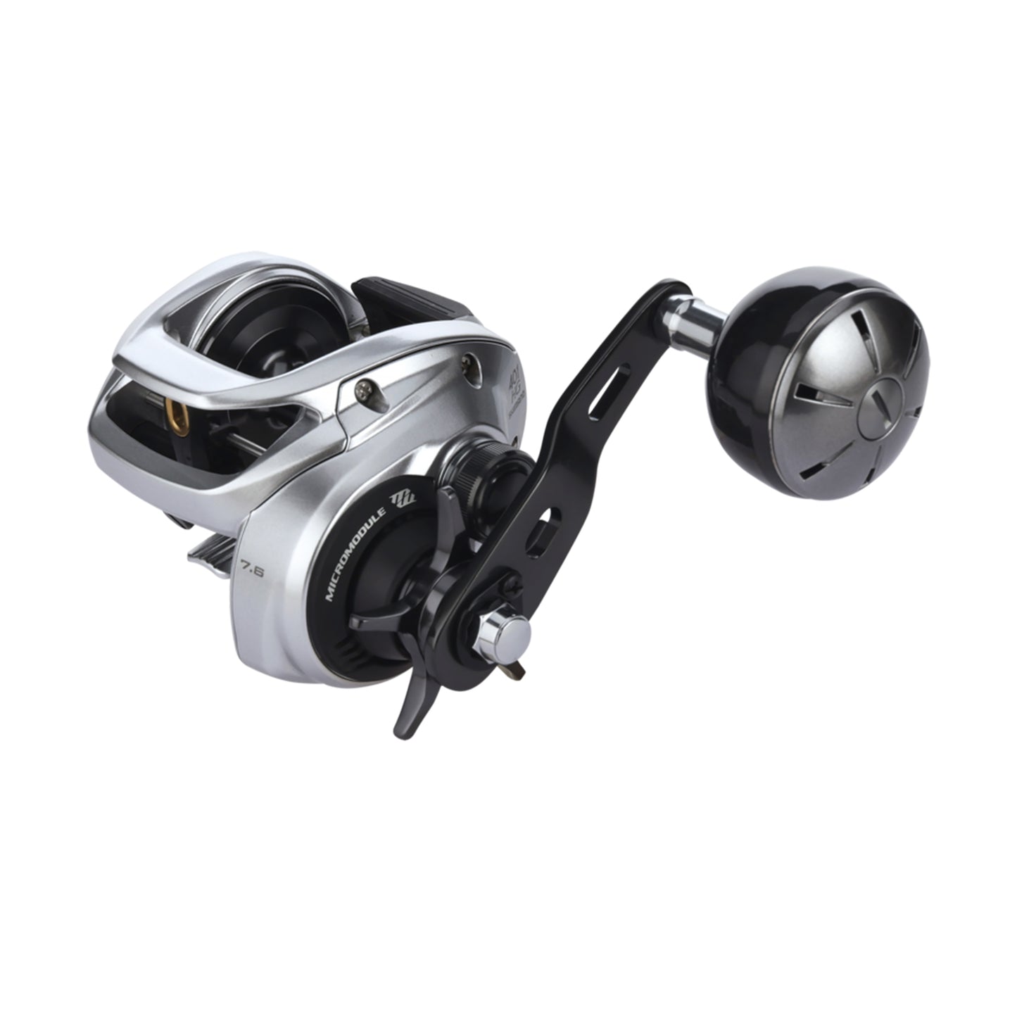 The Shimano Tranx 400 B Casting Reel 7.6:1 LH Power Handle (TRX401HGB) features a silver and black finish, metal gears, and a compact modern design by Shimano, shown on a plain white background.