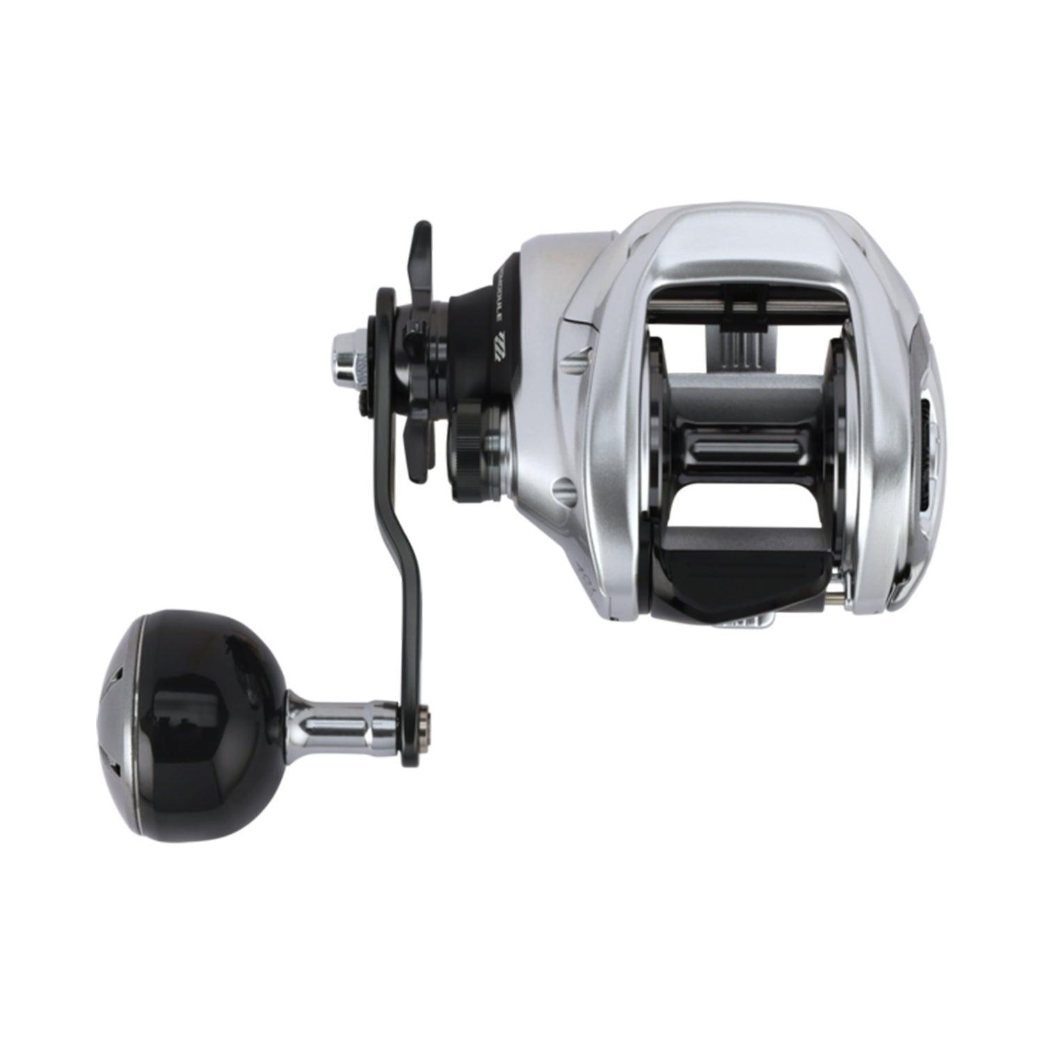 A Shimano Tranx 400 B Casting Reel 7.6:1 LH Power Handle (TRX401HGB), in silver and black, is shown from the side on a white background.