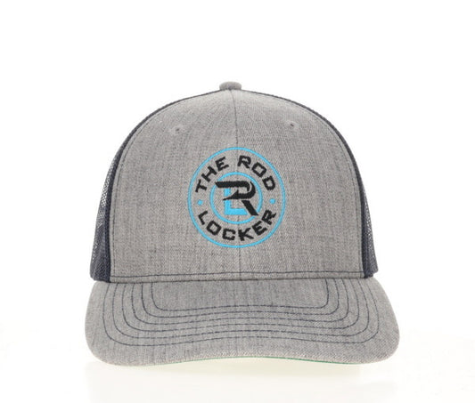 The Rod Locker Crest Snapback Trucker Hat Heather Grey Navy Mesh
