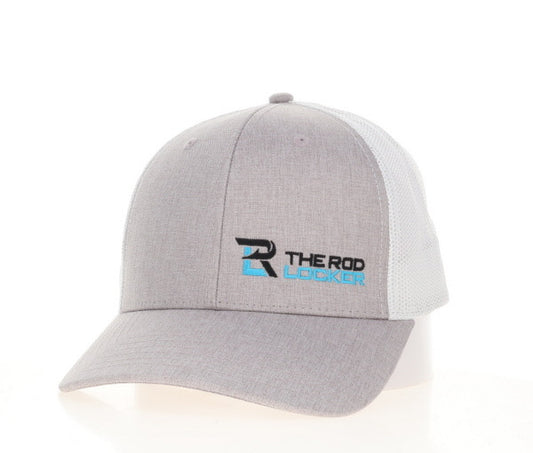 The Rod Locker Logo Snapback Trucker Hat Light Grey White Mesh