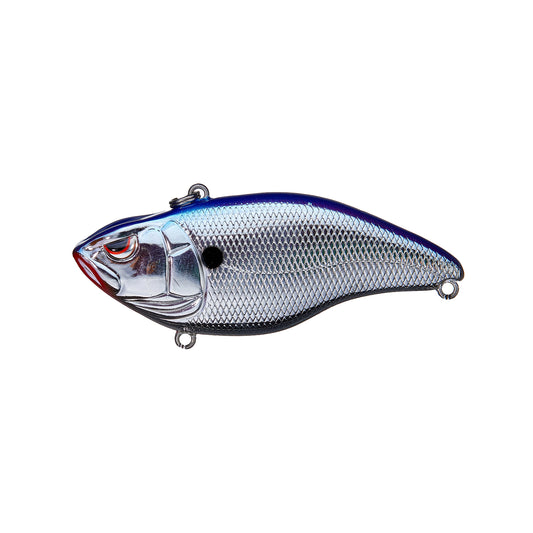 The SPRO Aruku Shad 65 Lipless Crankbait features a silver and blue textured scale pattern, red mouth detailing, and attachment rings on the top and bottom, shown on a white background.